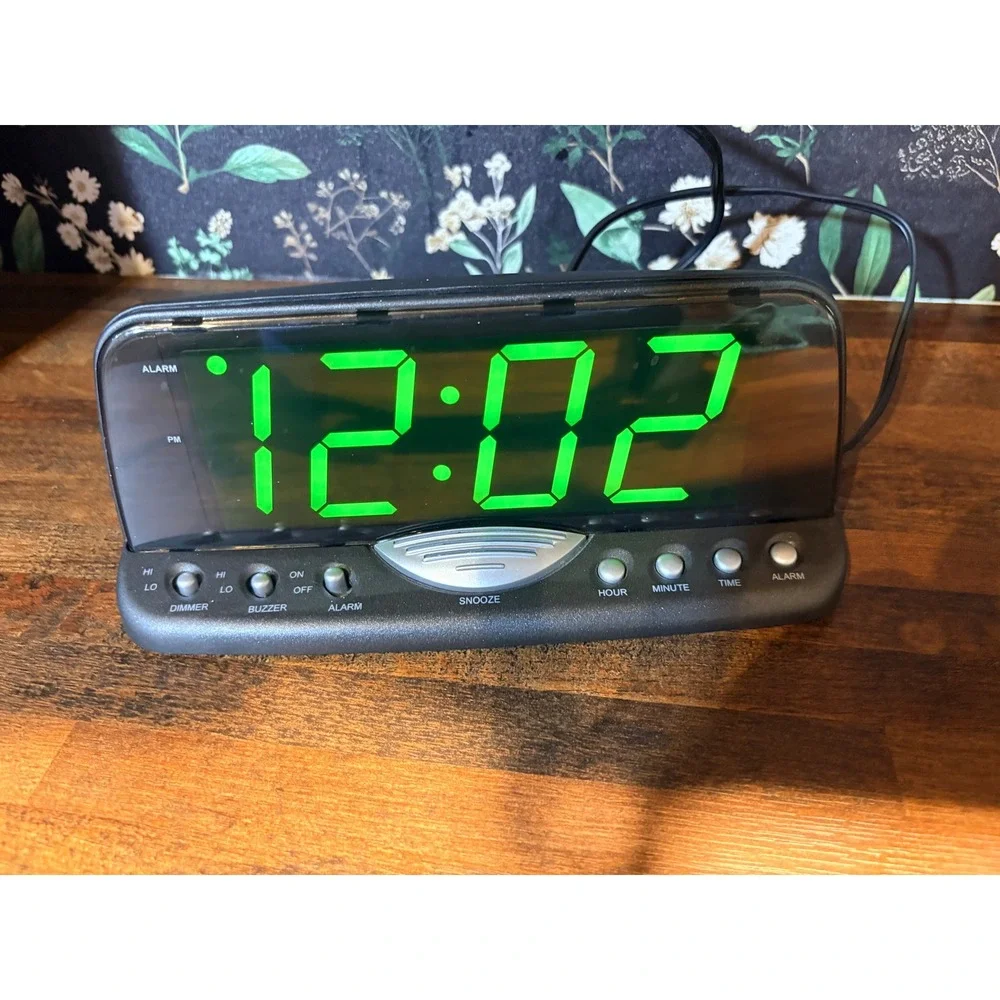 Digital Alarm Clock Large Green LED Display Snooze Dimmer Black Bedside Clock